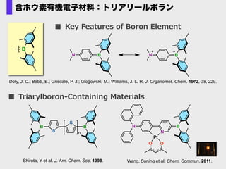 ■	
 Key  Features  of  Boron  Element
N
N
Pt
OO
B
Wang, Suning et al. Chem. Commun. 2011.
■	
 Triarylboron-‐‑‒Containing  Materials
N B N B
B
B
S
S
B
n
Shirota, Y et al. J. Am. Chem. Soc. 1998.
Doty, J. C.; Babb, B.; Grisdale, P. J.; Glogowski, M.; Williams, J. L. R. J. Organomet. Chem. 1972, 38, 229.
含ホウ素有機電子材料：トリアリールボラン
 
