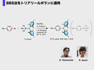 K. IzumiE. Yamamoto
Me Si
Ph
Ph
MeBrMe SiMe
Ph
Ph
1.5 equiv
B Me B
101% yield, B/Si ratio = 92:8
NaOtBu
(1.2 equiv)
1,4-dioxane/
hexane(1/3)
50 °C, 24 h
BBS法をトリアリールボランに適用
 
