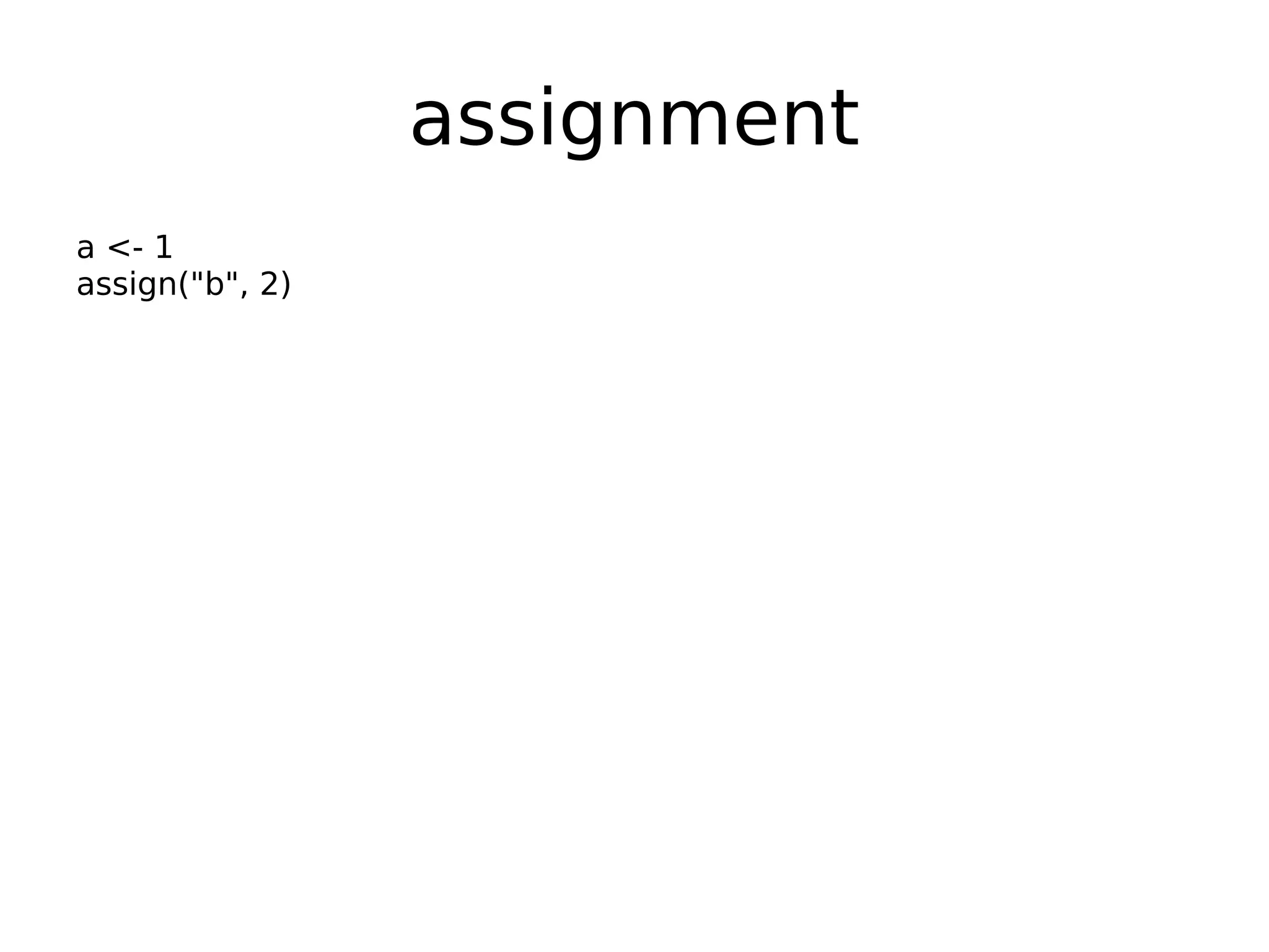 assignment a <- 1 assign("b", 2) 