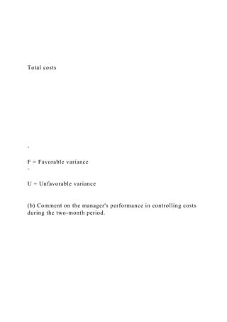Total costs
·
F = Favorable variance
·
U = Unfavorable variance
(b) Comment on the manager's performance in controlling costs
during the two-month period.
 