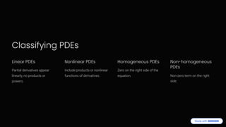 Classifying PDEs
Linear PDEs
Partial derivatives appear
linearly, no products or
powers.
Nonlinear PDEs
Include products or nonlinear
functions of derivatives.
Homogeneous PDEs
Zero on the right side of the
equation.
Non-homogeneous
PDEs
Non-zero term on the right
side.
 