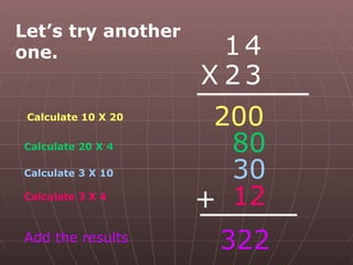 Calculate 10 X 20 1 4 X 2 3 Calculate 20 X 4 200 80 30 12 Calculate 3 X 10 Calculate 3 X 4 Add the results 322 Let’s try another one. + 