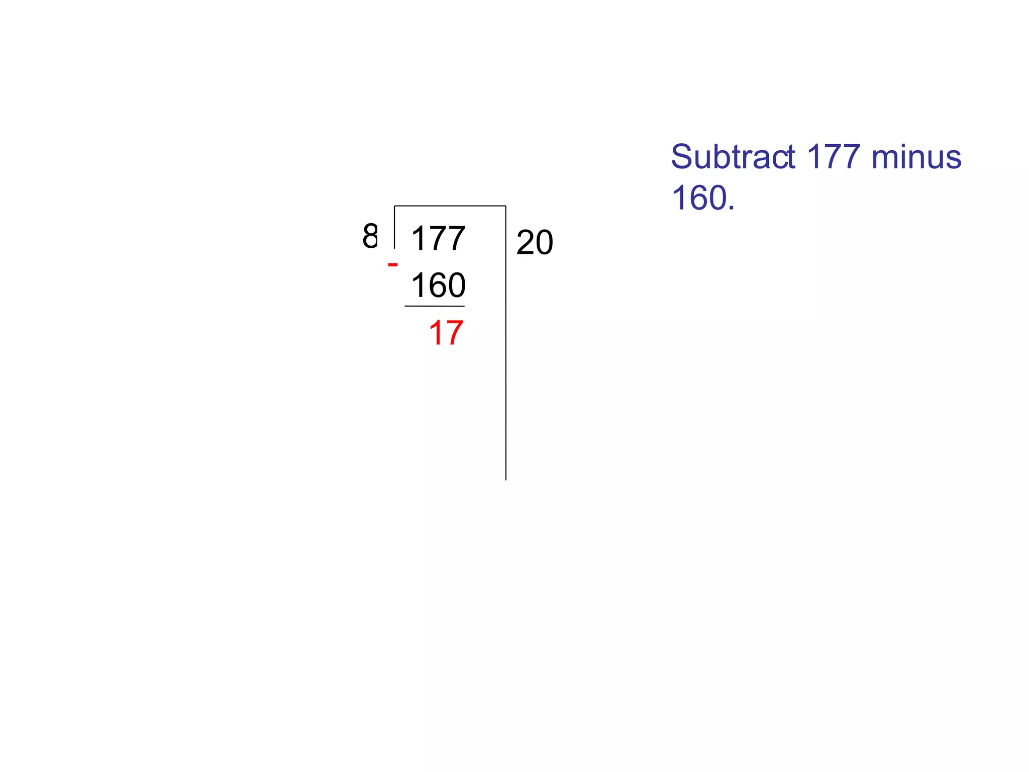 177 8 Subtract 177 minus 160. 20 160 17 - 