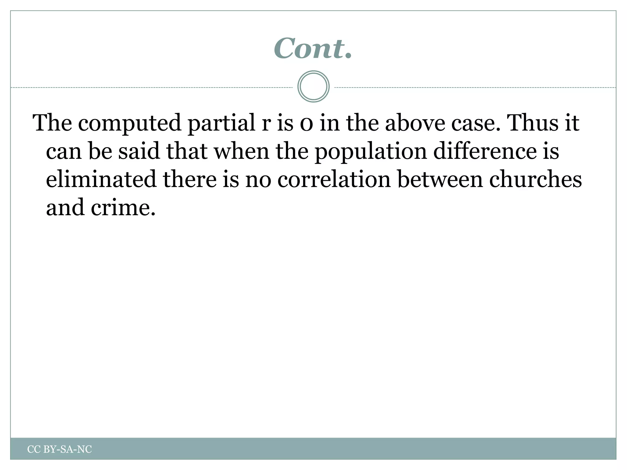 Cont.
The computed partial r is 0 in the above case. Thus it
can be said that when the population difference is
eliminated there is no correlation between churches
and crime.
CC BY-SA-NC
 