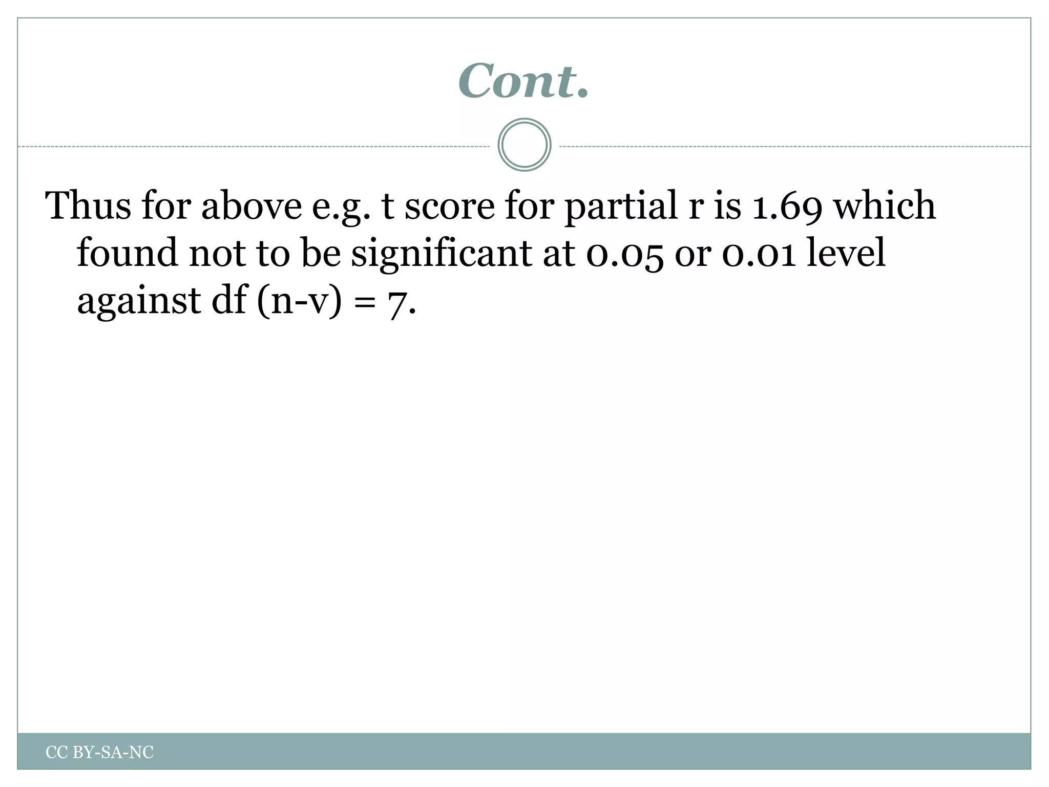 Cont.
Thus for above e.g. t score for partial r is 1.69 which
found not to be significant at 0.05 or 0.01 level
against df (n-v) = 7.
CC BY-SA-NC
 