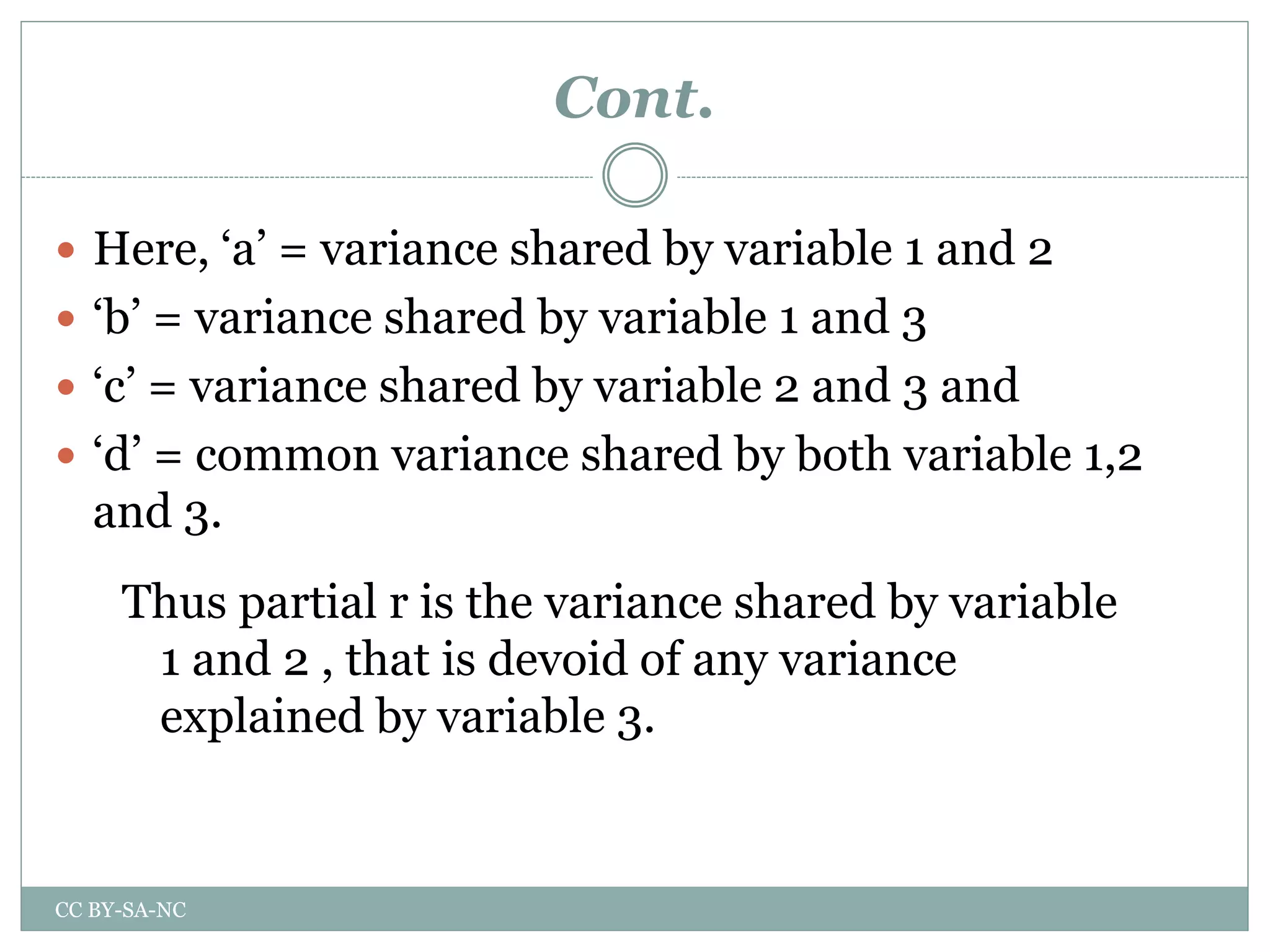 Cont.
 Here, ‘a’ = variance shared by variable 1 and 2
 ‘b’ = variance shared by variable 1 and 3
 ‘c’ = variance shared by variable 2 and 3 and
 ‘d’ = common variance shared by both variable 1,2
and 3.
Thus partial r is the variance shared by variable
1 and 2 , that is devoid of any variance
explained by variable 3.
CC BY-SA-NC
 