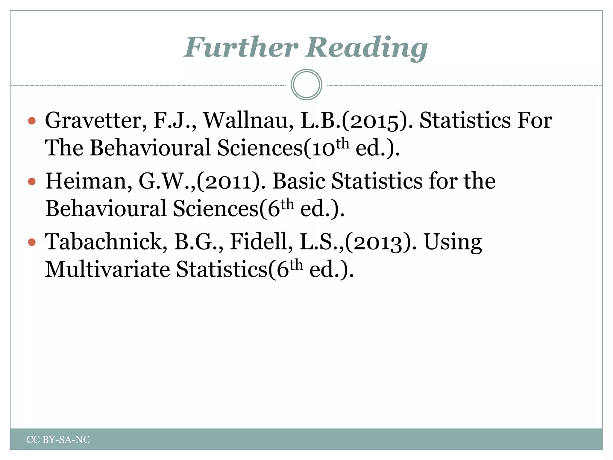Further Reading
 Gravetter, F.J., Wallnau, L.B.(2015). Statistics For
The Behavioural Sciences(10th ed.).
 Heiman, G.W.,(2011). Basic Statistics for the
Behavioural Sciences(6th ed.).
 Tabachnick, B.G., Fidell, L.S.,(2013). Using
Multivariate Statistics(6th ed.).
CC BY-SA-NC
 