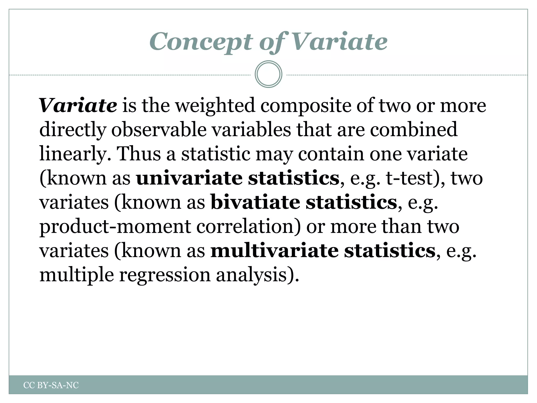 Concept of Variate
Variate is the weighted composite of two or more
directly observable variables that are combined
linearly. Thus a statistic may contain one variate
(known as univariate statistics, e.g. t-test), two
variates (known as bivatiate statistics, e.g.
product-moment correlation) or more than two
variates (known as multivariate statistics, e.g.
multiple regression analysis).
CC BY-SA-NC
 