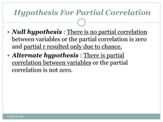 Hypothesis For Partial Correlation
 Null hypothesis : There is no partial correlation
between variables or the partial correlation is zero
and partial r resulted only due to chance.
 Alternate hypothesis : There is partial
correlation between variables or the partial
correlation is not zero.
CC BY-SA-NC
 