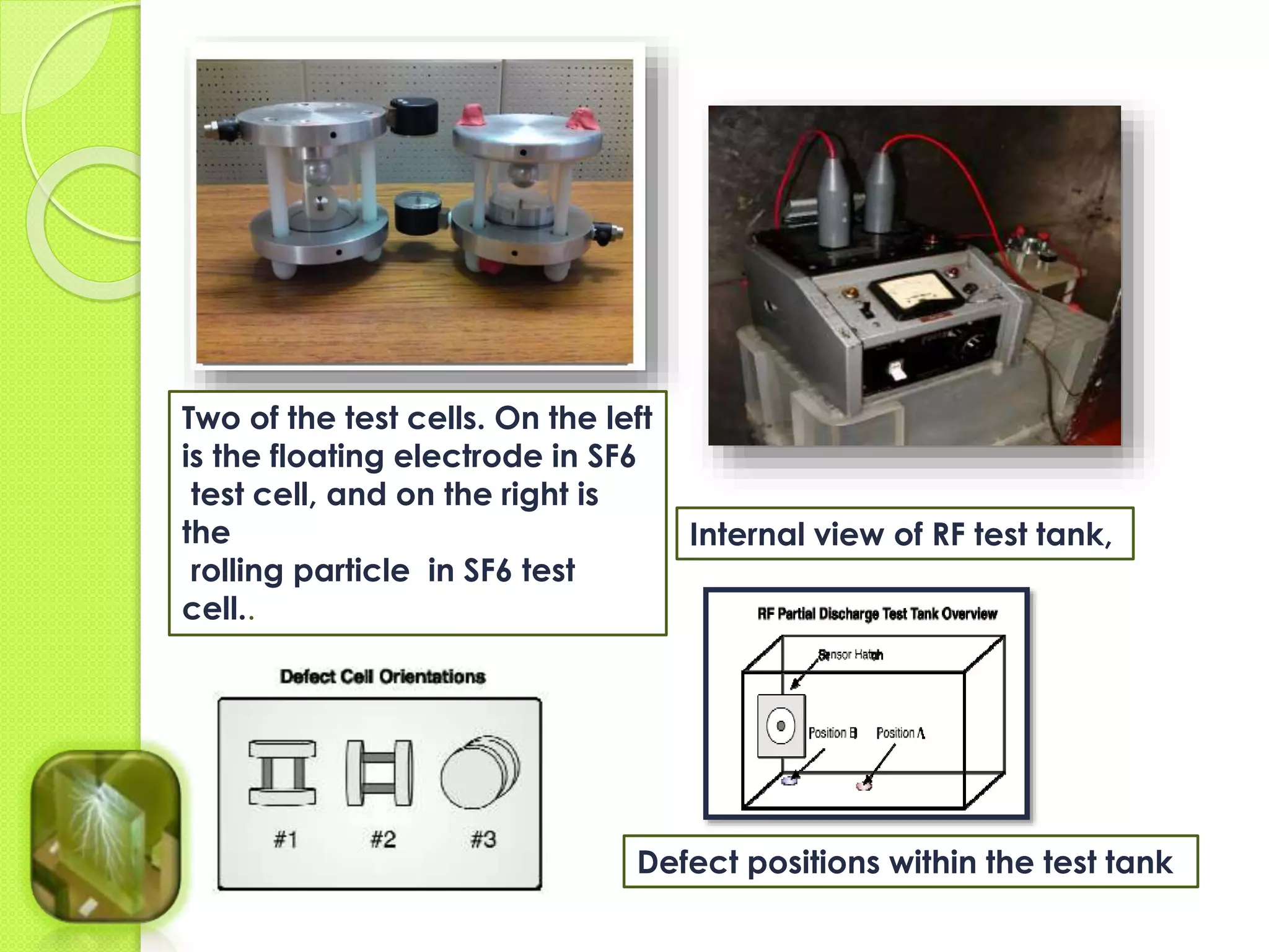 Two of the test cells. On the left 
is the floating electrode in SF6 
test cell, and on the right is 
the 
rolling particle in SF6 test 
cell.. 
Internal view of RF test tank, 
Defect positions within the test tank 
 
