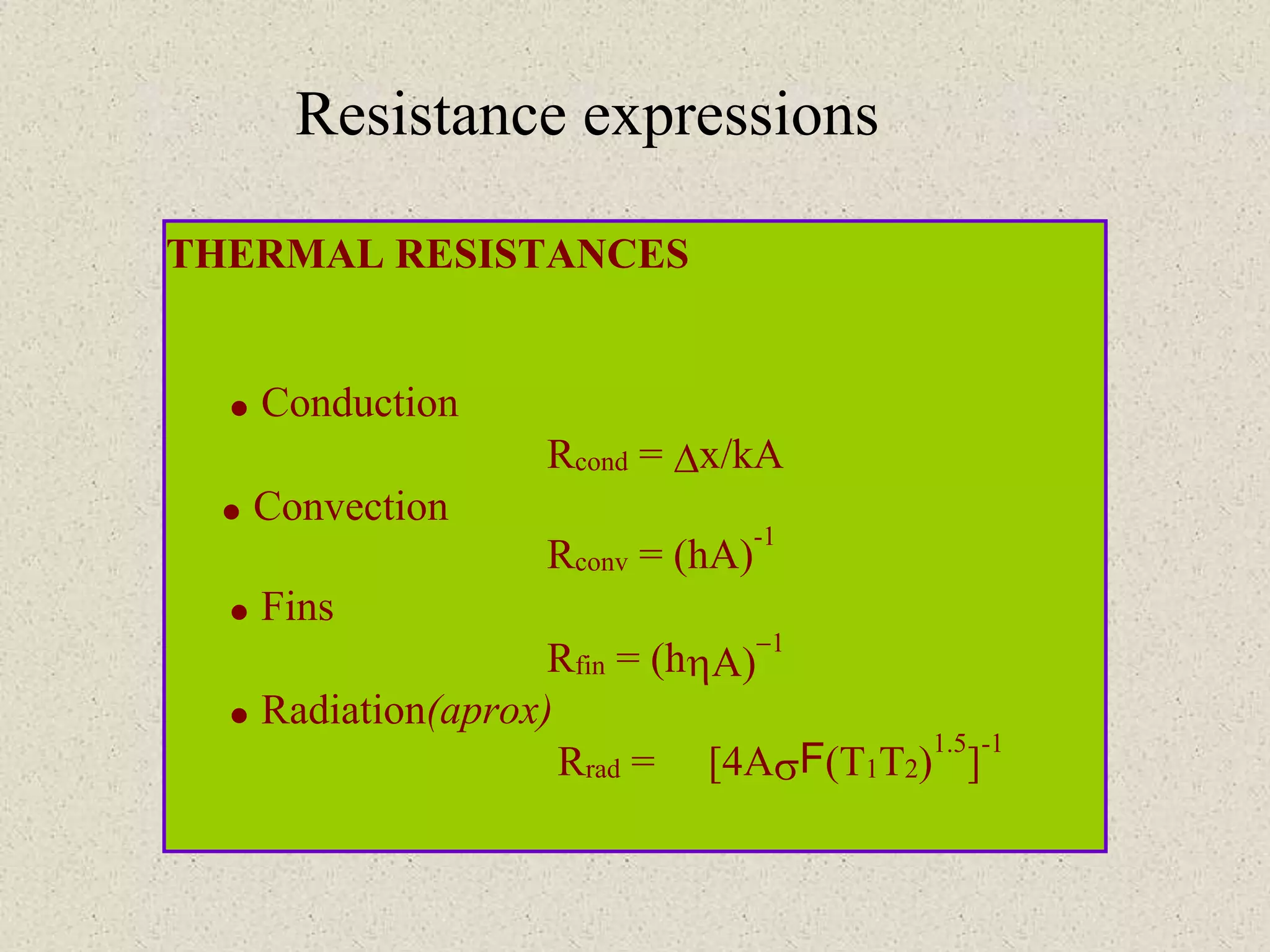Resistance expressions
THERMAL RESISTANCES
 Conduction
Rcond = x/kA
 Convection
Rconv = (hA)
-1
 Fins
Rfin = (h
-
 Radiation(aprox)
Rrad = [4AF(T1T2)
1.5
]
-1
 