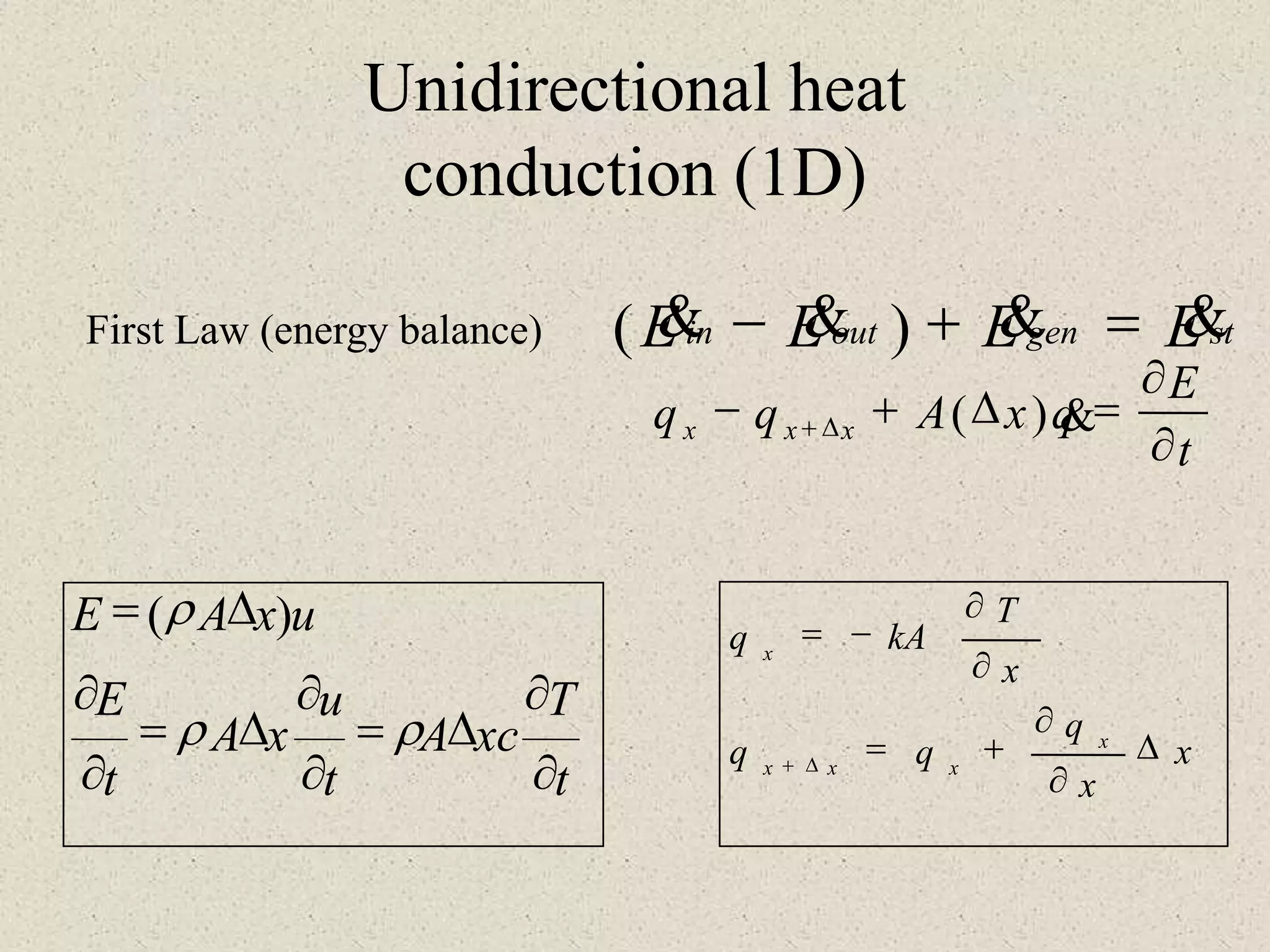 Unidirectional heat
conduction (1D)
First Law (energy balance)
t
E
qxAqq xxx


=+- + )(
stgenoutin EEEE  =+- )(
t
T
xcA
t
u
xA
t
E
uxAE


=


=


=

 )(
x
x
q
qq
x
T
kAq
x
xxx
x



+=


-=
+
 