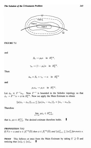 The Solution of the a-Neumann Problem                                            243




                                -.........------------~




FIGURE 7.1



and




Then



and



Let ¢n    = F-1a n . Now F- 1 is bounded in the Sobolev topology so that
¢n    ~ F-1a == ¢ in H6,q. Now we apply the Main Estimate to obtain




Therefore

                                 1·        A..        HP,q
                                  1m
                                n---+oc
                                          Plf/n   E    s+k'


that is, p¢ E   H::
                  k.   The desired estimate therefore holds.     I

PROPOSITION 7.9.2
If F¢ == a and a E /P,q (0) then ¢ E /p.q (0) and II¢I/;+l   :s Iiall; for every s.
PROOF This follows at once from the Main Estimate by taking U 2 nand
noticing that /lallo ::; Iiali s . I
 