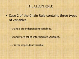 THE CHAIN RULE 
• Case 2 of the Chain Rule contains three types 
of variables: 
– s and t are independent variables. 
– x and y are called intermediate variables. 
– z is the dependent variable. 
 