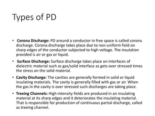 Types of PD
• Corona Discharge: PD around a conductor in free space is called corona
discharge. Corona discharge takes place due to non-uniform field on
sharp edges of the conductor subjected to high voltage. The insulation
provided is air or gas or liquid.
• Surface Discharge: Surface discharge takes place on interfaces of
dielectric material such as gas/solid interface as gets over stressed times
the stress on the solid material.
• Cavity Discharge: The cavities are generally formed in solid or liquid
insulating materials. The cavity is generally filled with gas or air. When
the gas in the cavity is over stressed such discharges are taking place.
• Treeing Channels: High intensity fields are produced in an insulating
material at its sharp edges and it deteriorates the insulating material.
That is responsible for production of continuous partial discharge, called
as treeing channel.
 