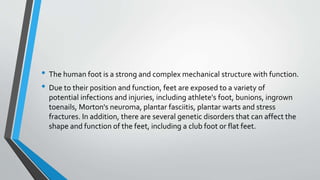 • The human foot is a strong and complex mechanical structure with function.
• Due to their position and function, feet are exposed to a variety of
potential infections and injuries, including athlete's foot, bunions, ingrown
toenails, Morton's neuroma, plantar fasciitis, plantar warts and stress
fractures. In addition, there are several genetic disorders that can affect the
shape and function of the feet, including a club foot or flat feet.
 