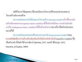 ผศ.ดร.ธีทัต ตรีศิริโชติ Page 3
สถิติในกำรวิจัยยุคสอง เป็นเทคนิคกำรวิเครำะห์ด้วยแบบจำลองสมกำร
โครงสร้ำงประกอบด้วย
(ก) แบบจำลองภำยในคือสมกำรโครงสร้ำง (structure model) สร้ำงขึ้นจำกตัว
แปรแฝงภำยนอก (exogenous latent variables) ที่เป็นตัวแปรอิสระ และตัวแปรแฝง
ภำยใน (endogenous latent variables) ที่เป็นตัวแปรตำม และ/หรือ เป็นตัวแปรแทรก
กลำงก็ได้
(ข) แบบจำลองภำยนอกเป็นสมกำรมำตรวัด (measurement model) แสดง
ควำมสัมพันธ์ระหว่ำงตัวแปรแฝงแต่ละตัวกับตัวแปรประจักษ์(manifest variables) ซึ่ง
เป็นตัวแเปร ที่วัดค่ำได้(กรรณิกำร์ สุขเกษม, 2557: มนตรี พิริยะกุล, 2553;
Haenlein, & Kaplan, 2004)
 