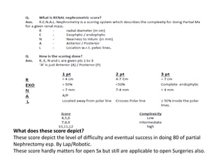 What does these score depict?
These score depict the level of difficulty and eventual success in doing 80 of partial
Nephrectomy esp. By Lap/Robotic.
These score hardly matters for open Sx but still are applicable to open Surgeries also.
 