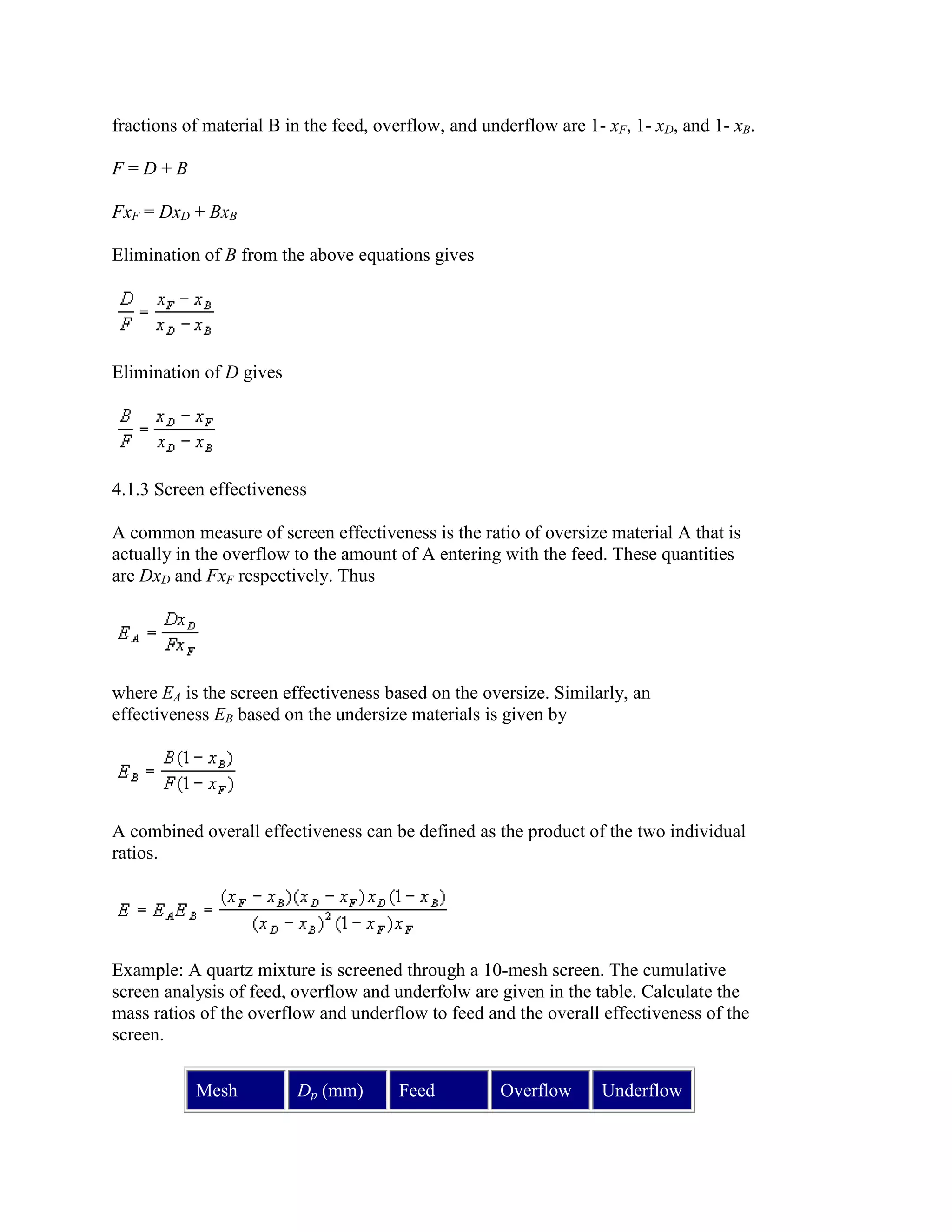 fractions of material B in the feed, overflow, and underflow are 1- xF, 1- xD, and 1- xB.
F=D+B
FxF = DxD + BxB
Elimination of B from the above equations gives

Elimination of D gives

4.1.3 Screen effectiveness
A common measure of screen effectiveness is the ratio of oversize material A that is
actually in the overflow to the amount of A entering with the feed. These quantities
are DxD and FxF respectively. Thus

where EA is the screen effectiveness based on the oversize. Similarly, an
effectiveness EB based on the undersize materials is given by

A combined overall effectiveness can be defined as the product of the two individual
ratios.

Example: A quartz mixture is screened through a 10-mesh screen. The cumulative
screen analysis of feed, overflow and underfolw are given in the table. Calculate the
mass ratios of the overflow and underflow to feed and the overall effectiveness of the
screen.
Mesh

Dp (mm)

Feed

Overflow

Underflow

 