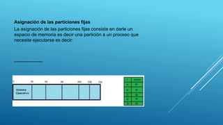 Asignación de las particiones fijas
La asignación de las particiones fijas consiste en darle un
espacio de memoria es decir una partición a un proceso que
necesite ejecutarse es decir:
 