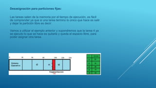 Desasignación para particiones fijas:
Las tareas salen de la memoria por el tiempo de ejecución, es fácil
de comprender ya que si una tarea termino lo único que hace es salir
y dejar la partición libre es decir:
Vamos a utilizar el ejemplo anterior y supondremos que la tarea 4 ya
se ejecuto lo que se hace es quitarla y queda el espacio libre, para
poder asignar otra tarea.
 