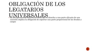  La jurisprudencia francesa ha dicho que el derecho a una parte alícuota de una
sucesión implica la obligación de soportar una parte proporcional de las deudas y
cargas
 