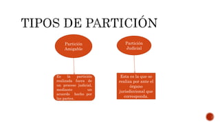 Partición
Amigable
Partición
Judicial
Es la partición
realizada fuera de
un proceso judicial,
mediante un
acuerdo hecho por
las partes.
Esta es la que se
realiza por ante el
órgano
jurisdiccional que
corresponda.
 