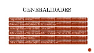 Desprovista de formas
Supone el acuerdo unánime de los coparticipes
Homologación ante el Tribunal Ordinario
Aplicación de las disposiciones de la transacción (artículos 2044 – 2058 Cc)
Economiza gastos inutiles
Evita la división de las explitaciones industriales
 