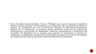  Si el inmueble resulta divisible, el Juez o Tribunal que conoce el proceso de partición
litigiosa, podrá autorizar al demandante en el dispositivo de su sentencia a iniciar el
proceso de subdivisión por ante la Dirección General de Mensuras Catastrales.
Además de la subdivisión, la partición puede ejecutarse tanto por los proceso de
urbanización o constitución de condominio, según las características y condiciones del
inmueble. El dispositivo de la decisión que autorice la realización el proceso de
subdivisión reemplazará la solicitud de autorización necesaria para iniciar los trabajos
de subdivisión por ante la Dirección General de Mensuras Catastrales.
 