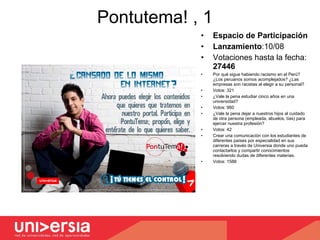 Pontutema! , 1 Espacio de Participación Lanzamiento :10/08 Votaciones hasta la fecha:  27446 Por qué sigue habiendo racismo en el Perú? ¿Los peruanos somos acomplejados? ¿Las empresas son racistas al elegir a su personal?  Votos: 321 ¿Vale la pena estudiar cinco años en una universidad?  Votos: 960 ¿Vale la pena dejar a nuestros hijos al cuidado de otra persona (empleada, abuelos, tías) para ejercer nuestra profesión?  Votos: 42 Crear una comunicación con los estudiantes de diferentes países por especialidad en sus carreras a través de Universia donde uno pueda contactarlos y compartir conocimientos resolviendo dudas de diferentes materias.  Votos: 1588 