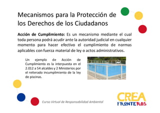 Mecanismos	
  para	
  la	
  Protección	
  de	
  
los	
  Derechos	
  de	
  los	
  Ciudadanos
Acción de Cumplimiento: Es un mecanismo mediante el cual
toda persona podrá acudir ante la autoridad judicial en cualquier
momento para hacer efectivo el cumplimiento de normas
aplicables con fuerza material de ley o actos administrativos.
Un ejemplo de Acción de
Cumplimiento es la interpuesta en el
2.012 a 54 alcaldes y 2 Ministerios por
el reiterado incumplimiento de la ley
de piscinas.
 
