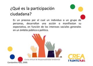¿Qué	
  es	
  la	
  participación	
  
ciudadana?
Es un proceso por el cual un individuo o un grupo de
personas, desarrollan una acción o manifiestan su
expectativa, en función de los intereses sociales generales
en un ámbito público o político.
Constantino	
  Toto,	
  2000.
 