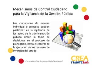 Mecanismos	
  de	
  Control	
  Ciudadano	
  
para	
  la	
  Vigilancia	
  de	
  la	
  Gestión	
  Pública
Los ciudadanos de manera
individual o colectiva pueden
participar en la vigilancia de
los actos de la administración
pública desde la toma de
decisiones en el proceso de
planeación, hasta el control de
la ejecución de los recursos de
inversión del Estado.
 