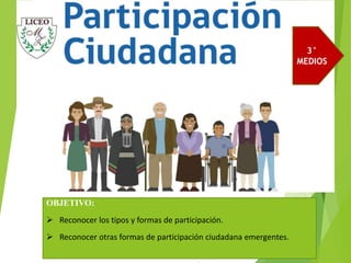 OBJETIVO:
 Reconocer los tipos y formas de participación.
 Reconocer otras formas de participación ciudadana emergentes.
3°
MEDIOS
 