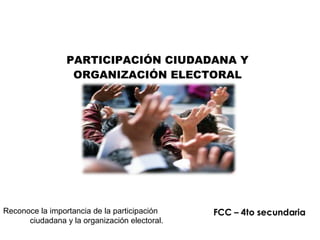 PARTICIPACIÓN CIUDADANA Y
ORGANIZACIÓN ELECTORAL
Reconoce la importancia de la participación
ciudadana y la organización electoral.
 