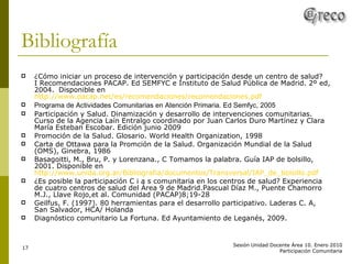 Bibliografía ¿Cómo iniciar un proceso de intervención y participación desde un centro de salud?  I Recomendaciones PACAP. Ed SEMFYC e Instituto de Salud Pública de Madrid. 2º ed, 2004.  Disponible en  http://www.pacap.net/es/recomendaciones/recomendaciones.pdf Programa de Actividades Comunitarias en Atención Primaria. Ed Semfyc, 2005 Participación y Salud. Dinamización y desarrollo de intervenciones comunitarias. Curso de la Agencia Laín Entralgo coordinado por Juan Carlos Duro Martínez y Clara María Esteban Escobar. Edición junio 2009 Promoción de la Salud. Glosario. World Health Organization, 1998 Carta de Ottawa para la Promción de la Salud. Organización Mundial de la Salud (OMS), Ginebra, 1986 Basagoitti, M., Bru, P. y Lorenzana., C  Tomamos la palabra. Guía IAP de bolsillo, 2001. Disponible en  http://www.unida.org.ar/Bibliografia/documentos/Transversal/IAP_de_bolsillo.pdf ¿Es posible la participación C i a s comunitaria en los centros de salud? Experiencia de cuatro centros de salud del Área 9 de Madrid.Pascual Díaz M., Puente Chamorro M.J., Llave Rojo,et al. Comunidad (PACAP)8;19-28 Geilfus, F. (1997). 80 herramientas para el desarrollo participativo. Laderas C. A, San Salvador, HCA/ Holanda Diagnóstico comunitario La Fortuna. Ed Ayuntamiento de Leganés, 2009.  