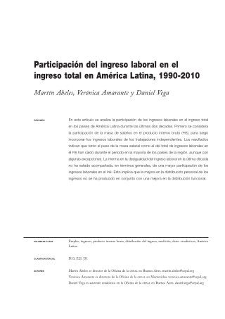 Participación del ingreso laboral en el ingreso total en América Latina, 1990-2010