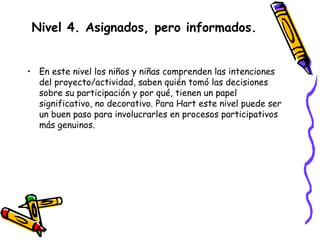 Nivel 4. Asignados, pero informados.
• En este nivel los niños y niñas comprenden las intenciones
del proyecto/actividad, saben quién tomó las decisiones
sobre su participación y por qué, tienen un papel
significativo, no decorativo. Para Hart este nivel puede ser
un buen paso para involucrarles en procesos participativos
más genuinos.
 