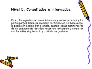 Nivel 5. Consultados e informados.
• En él, los agentes externos informan y consultan a los y las
participantes sobre su probable participación. En base a ello,
la población decide. Por ejemplo, cuando los/as monitores/as
de un campamento deciden hacer una excursión y consultan
con los niños si quieren ir y a dónde les gustaría.
 