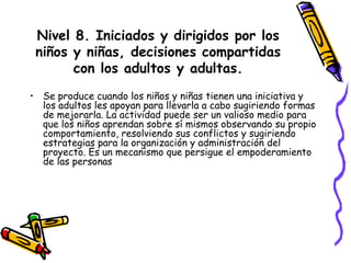 Nivel 8. Iniciados y dirigidos por los
niños y niñas, decisiones compartidas
con los adultos y adultas.
• Se produce cuando los niños y niñas tienen una iniciativa y
los adultos les apoyan para llevarla a cabo sugiriendo formas
de mejorarla. La actividad puede ser un valioso medio para
que los niños aprendan sobre sí mismos observando su propio
comportamiento, resolviendo sus conflictos y sugiriendo
estrategias para la organización y administración del
proyecto. Es un mecanismo que persigue el empoderamiento
de las personas
 