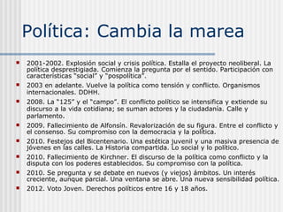 Política: Cambia la marea


2001-2002. Explosión social y crisis política. Estalla el proyecto neoliberal. La
política desprestigiada. Comienza la pregunta por el sentido. Participación con
características “social” y “pospolítica”.



2003 en adelante. Vuelve la política como tensión y conflicto. Organismos
internacionales. DDHH.



2008. La “125” y el “campo”. El conflicto político se intensifica y extiende su
discurso a la vida cotidiana; se suman actores y la ciudadanía. Calle y
parlamento.



2009. Fallecimiento de Alfonsín. Revalorización de su figura. Entre el conflicto y
el consenso. Su compromiso con la democracia y la política.



2010. Festejos del Bicentenario. Una estética juvenil y una masiva presencia de
jóvenes en las calles. La Historia compartida. Lo social y lo político.



2010. Fallecimiento de Kirchner. El discurso de la política como conflicto y la
disputa con los poderes establecidos. Su compromiso con la política.
2010. Se pregunta y se debate en nuevos (y viejos) ámbitos. Un interés
creciente, aunque parcial. Una ventana se abre. Una nueva sensibilidad política.




2012. Voto Joven. Derechos políticos entre 16 y 18 años.

 