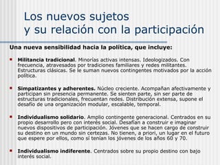 Los nuevos sujetos
y su relación con la participación
Una nueva sensibilidad hacia la política, que incluye:


Militancia tradicional. Minorías activas intensas. Ideologizados. Con
frecuencia, atravesados por tradiciones familiares y redes militantes.
Estructuras clásicas. Se le suman nuevos contingentes motivados por la acción
política.



Simpatizantes y adherentes. Núcleo creciente. Acompañan afectivamente y
participan sin presencia permanente. Se sienten parte, sin ser parte de
estructuras tradicionales, frecuentan redes. Distribución extensa, supone el
desafío de una organización modular, escalable, temporal.



Individualismo solidario. Amplio contingente generacional. Centrados en su
propio desarrollo pero con interés social. Desafían a construir e imaginar
nuevos dispositivos de participación. Jóvenes que se hacen cargo de construir
su destino en un mundo sin certezas. No tienen, a priori, un lugar en el futuro
que espere por ellos, como sí tenían los jóvenes de los años 60 y 70.



Individualismo indiferente. Centrados sobre su propio destino con bajo
interés social.

 