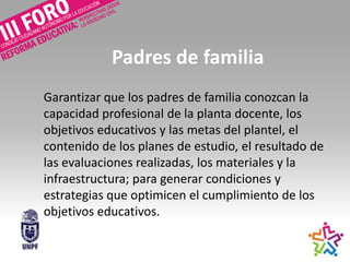 Padres de familia
Garantizar que los padres de familia conozcan la
capacidad profesional de la planta docente, los
objetivos educativos y las metas del plantel, el
contenido de los planes de estudio, el resultado de
las evaluaciones realizadas, los materiales y la
infraestructura; para generar condiciones y
estrategias que optimicen el cumplimiento de los
objetivos educativos.
 