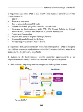 147
La Participación Ciudadana y el Control Social
El Reglamento Específico - SABS se basa en el Modelo elaborado por el órgano rector,
cuyo contenido es:
•	Objetivo
•	 Ámbito de Aplicación
•	 Base Legal para elaborar el RE-SABS
•	 Elaboración del PAC (programa Anual de Contrataciones)
•	 Estructura de Contrataciones: MAE, RPC, RPA, Unidad Solicitante, Unidad
Administrativa, Comisión de Calificación y Comisión de Recepción
•	 Procesos de Contratación
•	 Responsables por el Manejo de Bienes y funciones
•	 Responsable por la Disposición de Bienes
•	 Procesos según causales de Baja de Bienes
El responsable de la Compatibilización del Reglamento Específico – SABS es el órgano
rector. El Instrumento de Aprobación es una Resolución expresa de la MAE. Además, se
debe adjuntar el organigrama actualizado.
El Subsistema de Contrataciones permite responder oportunamente a los
requerimientos de bienes y servicios para alcanzar los objetivos de gestión.
El GAMLP define a los participantes de este proceso de la siguiente manera:
Participantes
QUIÉN AUTORIZA
EL INICIO DEL
PROCESO
DIFERENCIAR
ATRIBUCIONES
QUIÉN
SOLICITA?
QUIÉN LLEVA A
CABO EL PROCESO
Unidad solicitante
RPC / RPA
Unidad Administrativa
Calificación
Adjudicación
QUIÉNES SON LOS
RESPONSABLES DE
DECIDIR LA
CONTRATACIÓN
Unidad Solicitante
Comisión de
Calificación
Firma de
Contrato
Comisión de
Calificación
RPC / RPA
MAE o por
delegación expresa
Asesor
Legal
Direcciones
Autoridades
delegadas
CAF`s o la DLC
Fuente: GAMLP
 