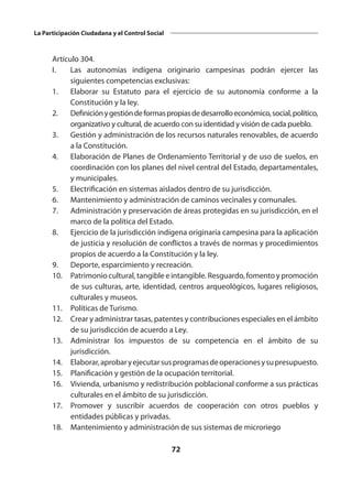 72
La Participación Ciudadana y el Control Social
	 Artículo 304.
	 I.	 Las autonomías indígena originario campesinas podrán ejercer las
siguientes competencias exclusivas:
	 1. 	 Elaborar su Estatuto para el ejercicio de su autonomía conforme a la
Constitución y la ley.
	 2. 	 Definiciónygestióndeformaspropiasdedesarrolloeconómico,social,político,
organizativo y cultural, de acuerdo con su identidad y visión de cada pueblo.
	 3. 	 Gestión y administración de los recursos naturales renovables, de acuerdo
a la Constitución.
	 4. 	 Elaboración de Planes de Ordenamiento Territorial y de uso de suelos, en
coordinación con los planes del nivel central del Estado, departamentales,
y municipales.
	 5. 	 Electrificación en sistemas aislados dentro de su jurisdicción.
	 6. 	 Mantenimiento y administración de caminos vecinales y comunales.
	 7. 	 Administración y preservación de áreas protegidas en su jurisdicción, en el
marco de la política del Estado.
	 8. 	 Ejercicio de la jurisdicción indígena originaria campesina para la aplicación
de justicia y resolución de conflictos a través de normas y procedimientos
propios de acuerdo a la Constitución y la ley.
	 9. 	 Deporte, esparcimiento y recreación.
	 10. 	 Patrimonio cultural, tangible e intangible. Resguardo, fomento y promoción
de sus culturas, arte, identidad, centros arqueológicos, lugares religiosos,
culturales y museos.
	 11. 	 Políticas de Turismo.
	 12. 	 Crear y administrar tasas, patentes y contribuciones especiales en el ámbito
de su jurisdicción de acuerdo a Ley.
	 13. 	 Administrar los impuestos de su competencia en el ámbito de su
jurisdicción.
	 14. 	 Elaborar,aprobaryejecutarsusprogramasdeoperacionesysupresupuesto.
	 15. 	 Planificación y gestión de la ocupación territorial.
	 16. 	 Vivienda, urbanismo y redistribución poblacional conforme a sus prácticas
culturales en el ámbito de su jurisdicción.
	 17. 	 Promover y suscribir acuerdos de cooperación con otros pueblos y
entidades públicas y privadas.
	 18. 	 Mantenimiento y administración de sus sistemas de microriego
 