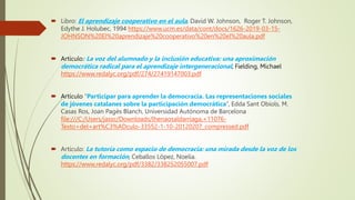  Libro: El aprendizaje cooperativo en el aula, David W. Johnson, Roger T. Johnson,
Edythe J. Holubec, 1994 https://www.ucm.es/data/cont/docs/1626-2019-03-15-
JOHNSON%20El%20aprendizaje%20cooperativo%20en%20el%20aula.pdf
 Artículo: La voz del alumnado y la inclusión educativa: una aproximación
democrática radical para el aprendizaje intergeneracional, Fielding, Michael
https://www.redalyc.org/pdf/274/27419147003.pdf
 Artículo “Participar para aprender la democracia. Las representaciones sociales
de jóvenes catalanes sobre la participación democrática”, Edda Sant Obiols, M.
Casas Ros, Joan Pagès Blanch, Universidad Autónoma de Barcelona
file:///C:/Users/jassc/Downloads/lhenaosaldarriaga,+11076-
Texto+del+art%C3%ADculo-33552-1-10-20120207_compressed.pdf
 Artículo: La tutoría como espacio de democracia: una mirada desde la voz de los
docentes en formación, Ceballos López, Noelia.
https://www.redalyc.org/pdf/3382/338252055007.pdf
 