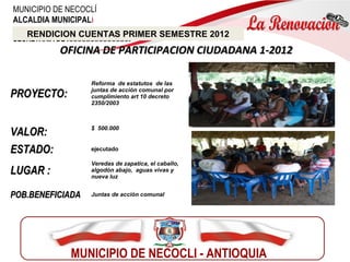 MUNICIPIO DE NECOCLI - ANTIOQUIA
MUNICIPIO DE NECOCLÍ
ALCALDIA MUNICIPAL
RENDICION INFORMES PRIMER SEMESTRE 2012
SECRETARIA DE XXXXXXXXXXXXXXX
OFICINA DE PARTICIPACION CIUDADANA 1-2012OFICINA DE PARTICIPACION CIUDADANA 1-2012
PROYECTO:PROYECTO:
Reforma de estatutos de las
juntas de acción comunal por
cumplimiento art 10 decreto
2350/2003
VALOR:VALOR: $ 500.000
ESTADO:ESTADO: ejecutado
LUGAR :LUGAR :
Veredas de zapatica, el caballo,
algodón abajo, aguas vivas y
nueva luz
POB.BENEFICIADAPOB.BENEFICIADA Juntas de acción comunal
RENDICION CUENTAS PRIMER SEMESTRE 2012
 