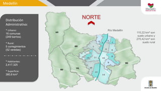Medellín
110,22 km² son
suelo urbano y
270,42 km² son
suelo rural
Distribución
Administrativa:
* Urbano:
16 comunas
(249 barrios)
* Rural:
5 corregimientos
(52 veredas)
* Habitantes:
2,417,325
* Superficie:
380,6 km²
Río Medellín
 