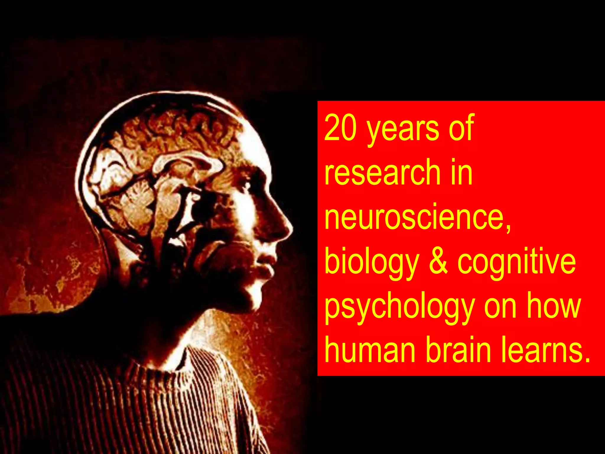 20 years of
research in
neuroscience,
biology & cognitive
psychology on how
human brain learns.
 