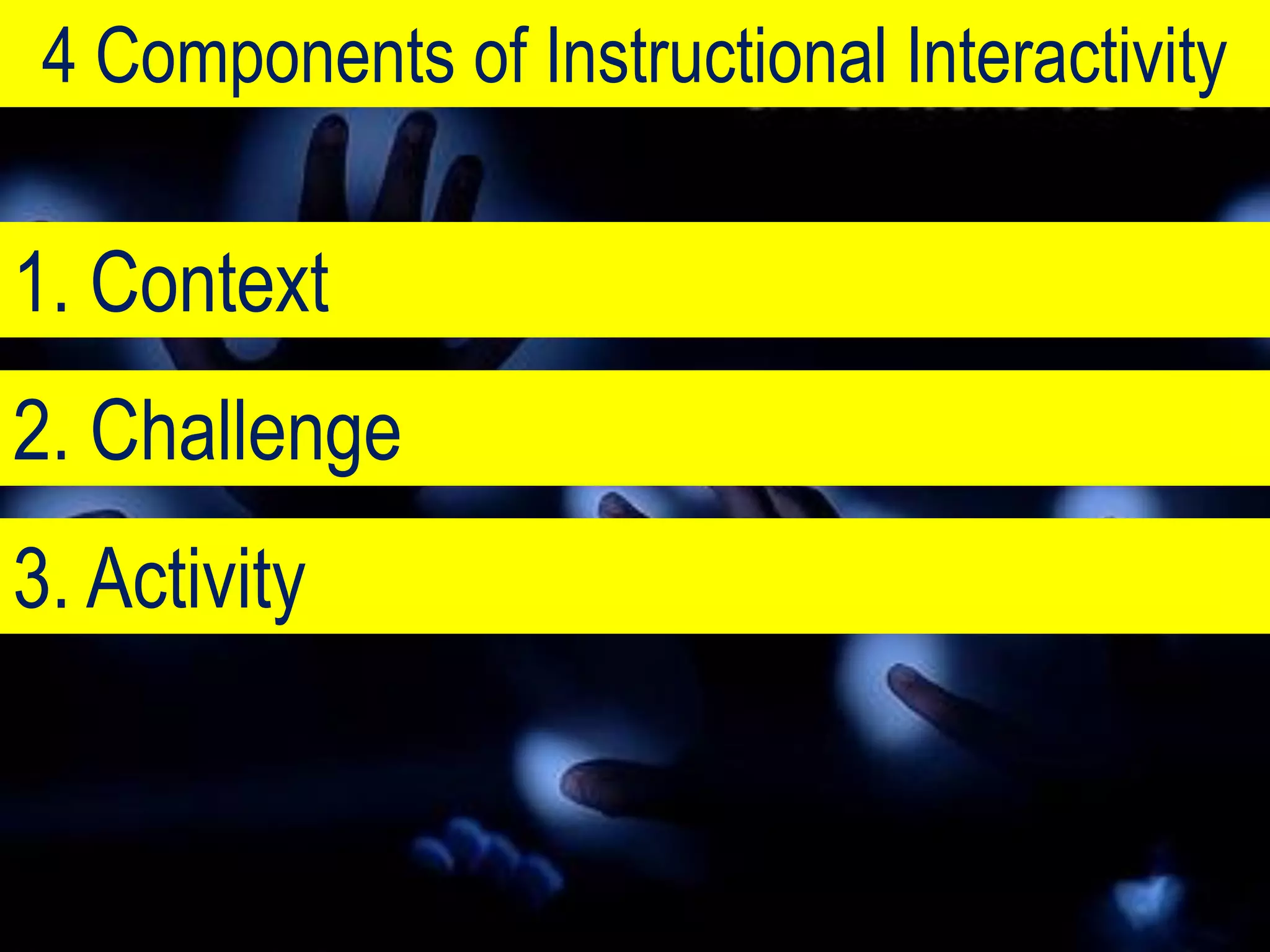 4 Components of Instructional Interactivity

1. Context
2. Challenge
3. Activity
 